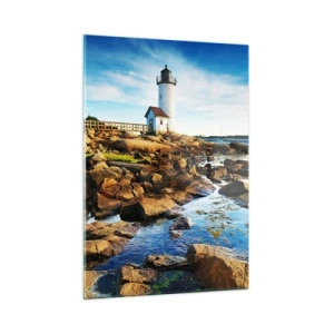 Quadro su vetro - Un faro su una costa rocciosa in una giornata di sole - 50x70cm - Tornate sani e salvi, vi aspetto - Decorazione murale moderna per soggiorno e camera da letto ARTTOR