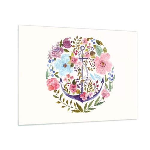 Quadro su vetro - Un'ancora circondata da fiori colorati ad acquerello - 70x50cm - Il bel sogno del marinaio - Decorazione murale moderna per soggiorno e camera da letto ARTTOR