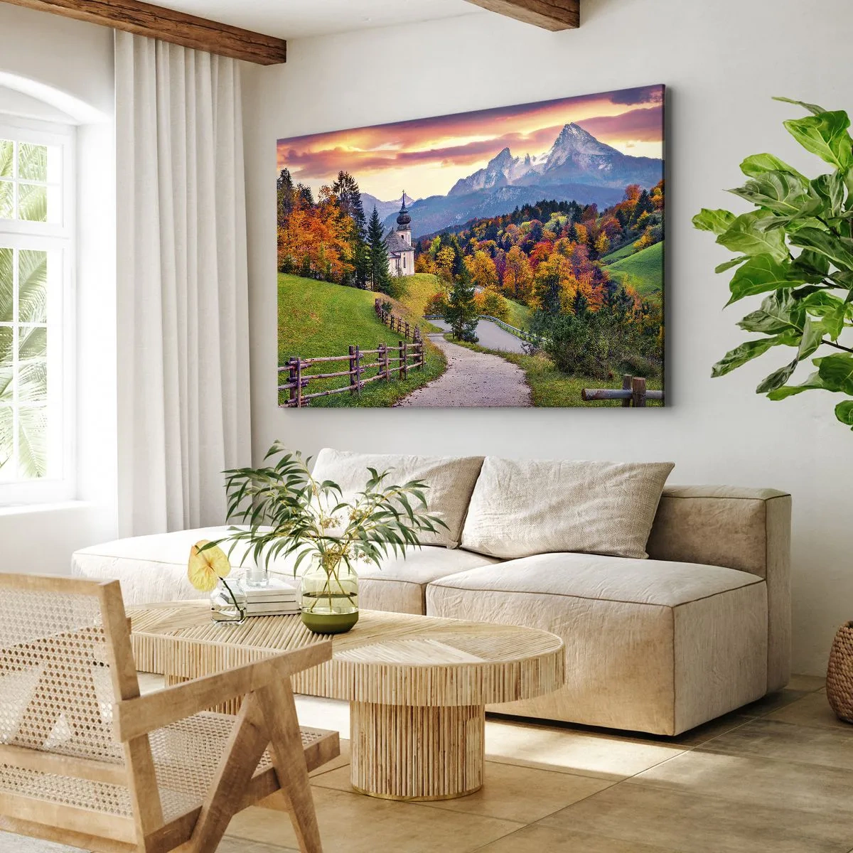 Quadro su tela - Stampe su Tela - Paesaggio montano autunnale con cappella e tramonto - 120x80cm - Un paesaggio come dipinto - Decorazione murale moderna per soggiorno e camera da letto ARTTOR