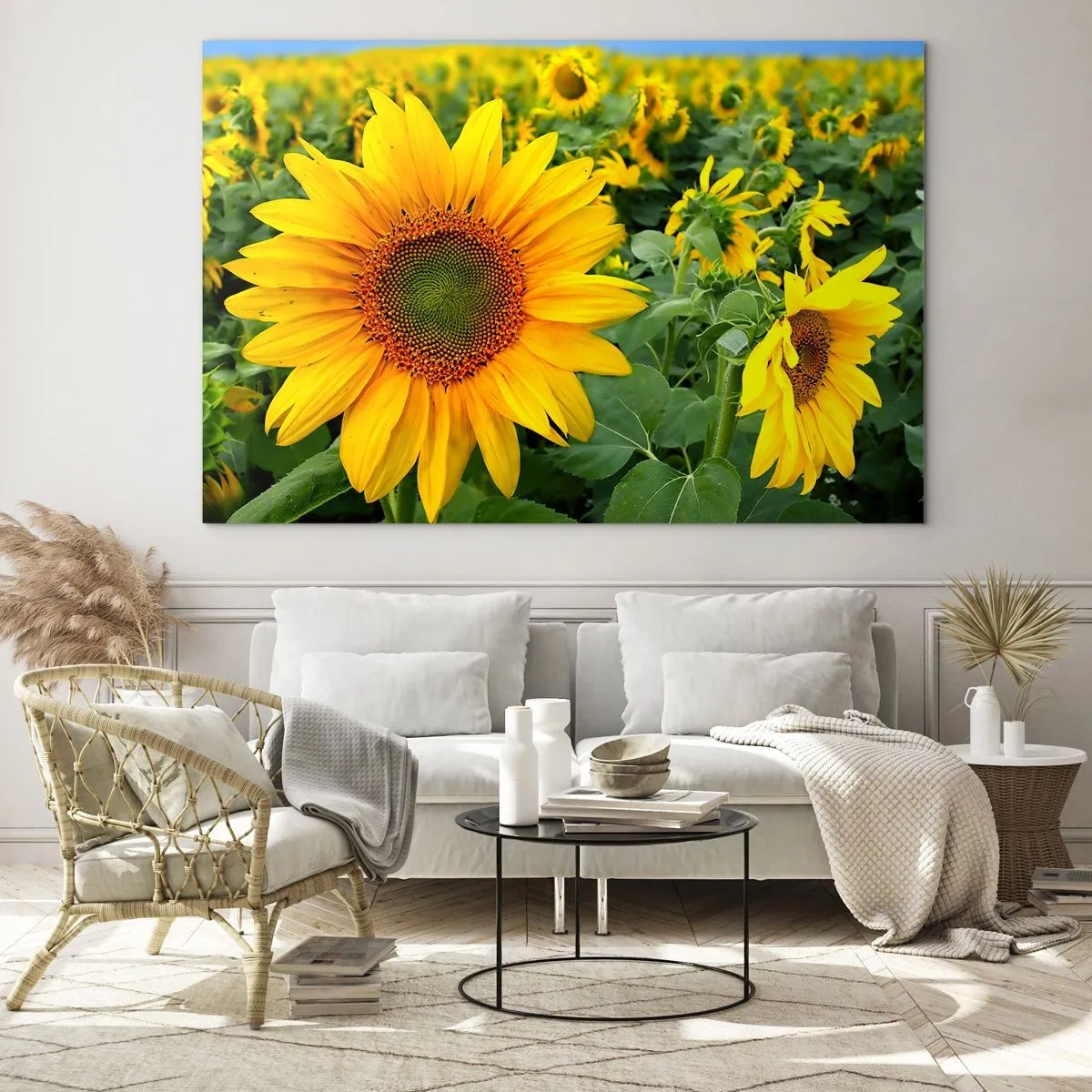 Quadro su vetro - Un campo di girasoli in piena fioritura sotto un cielo azzurro - 100x70cm - Centinaia di soli ardono - Decorazione murale moderna per soggiorno e camera da letto ARTTOR