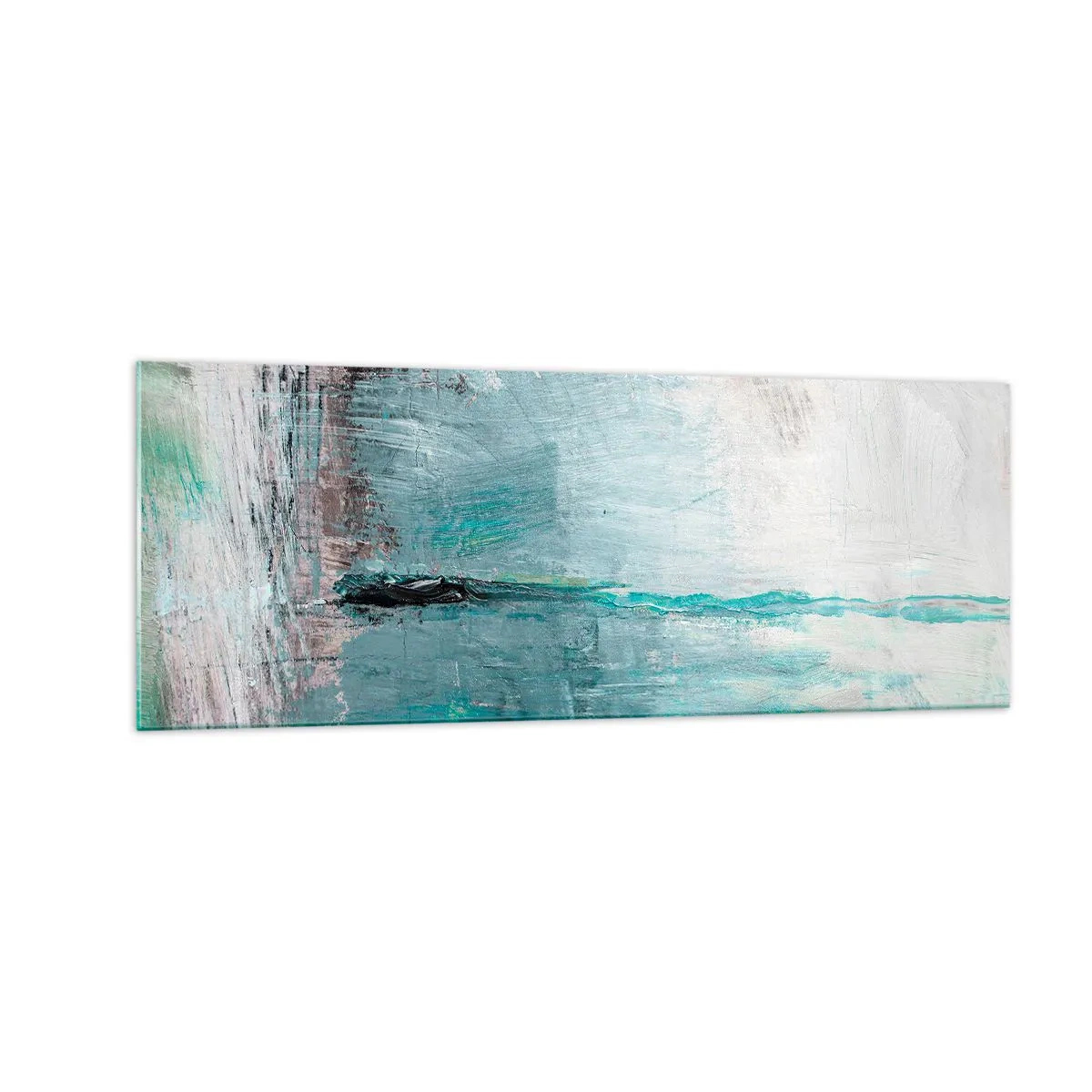 Quadro su vetro - Astrazione nei toni del turchese e del grigio - 140x50cm - Orizzonte nel blu - Decorazione murale moderna per soggiorno e camera da letto ARTTOR