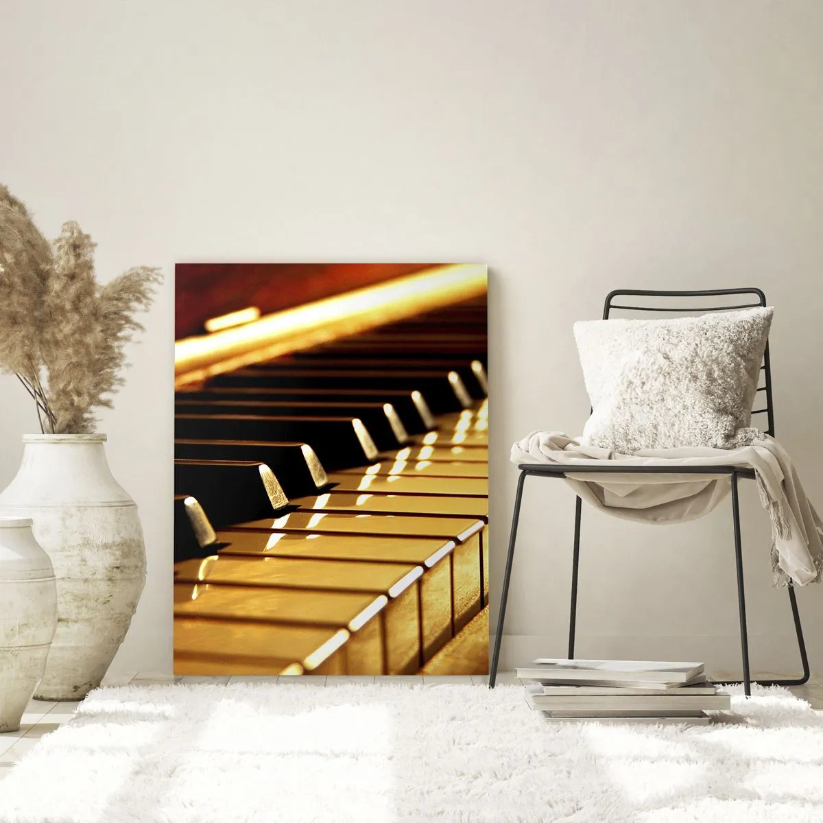 Quadro su vetro - Primo piano dei tasti del pianoforte in luce calda - 50x70cm - Possibilità illimitate - Decorazione murale moderna per soggiorno e camera da letto ARTTOR
