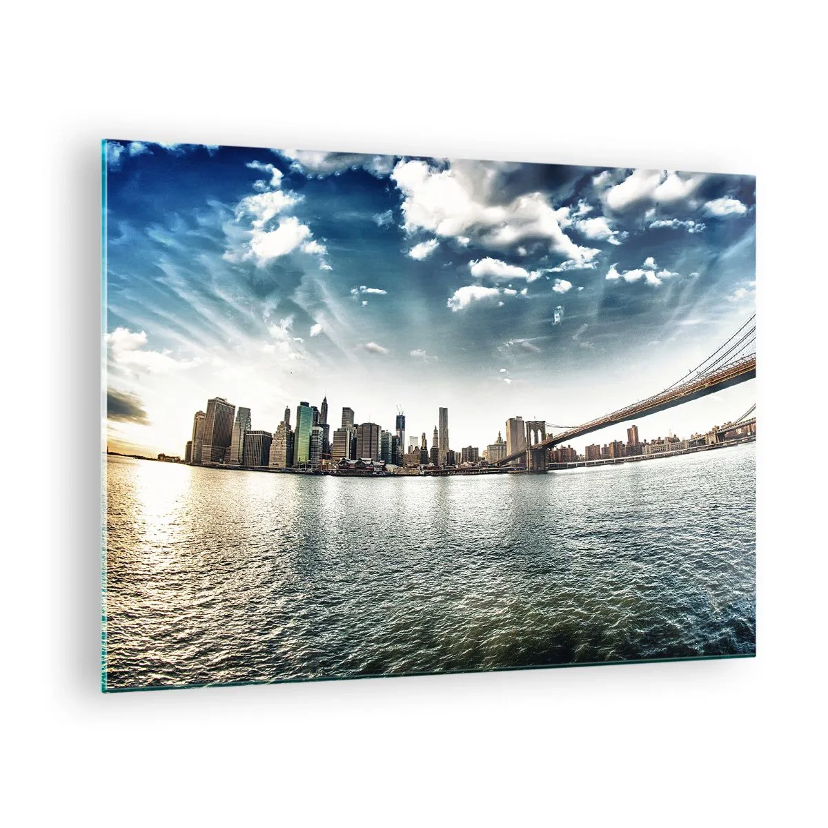 Quadro su vetro - Panorama di New York City con il ponte di Brooklyn - 70x50cm - L'isola di vetro - Decorazione murale moderna per soggiorno e camera da letto ARTTOR