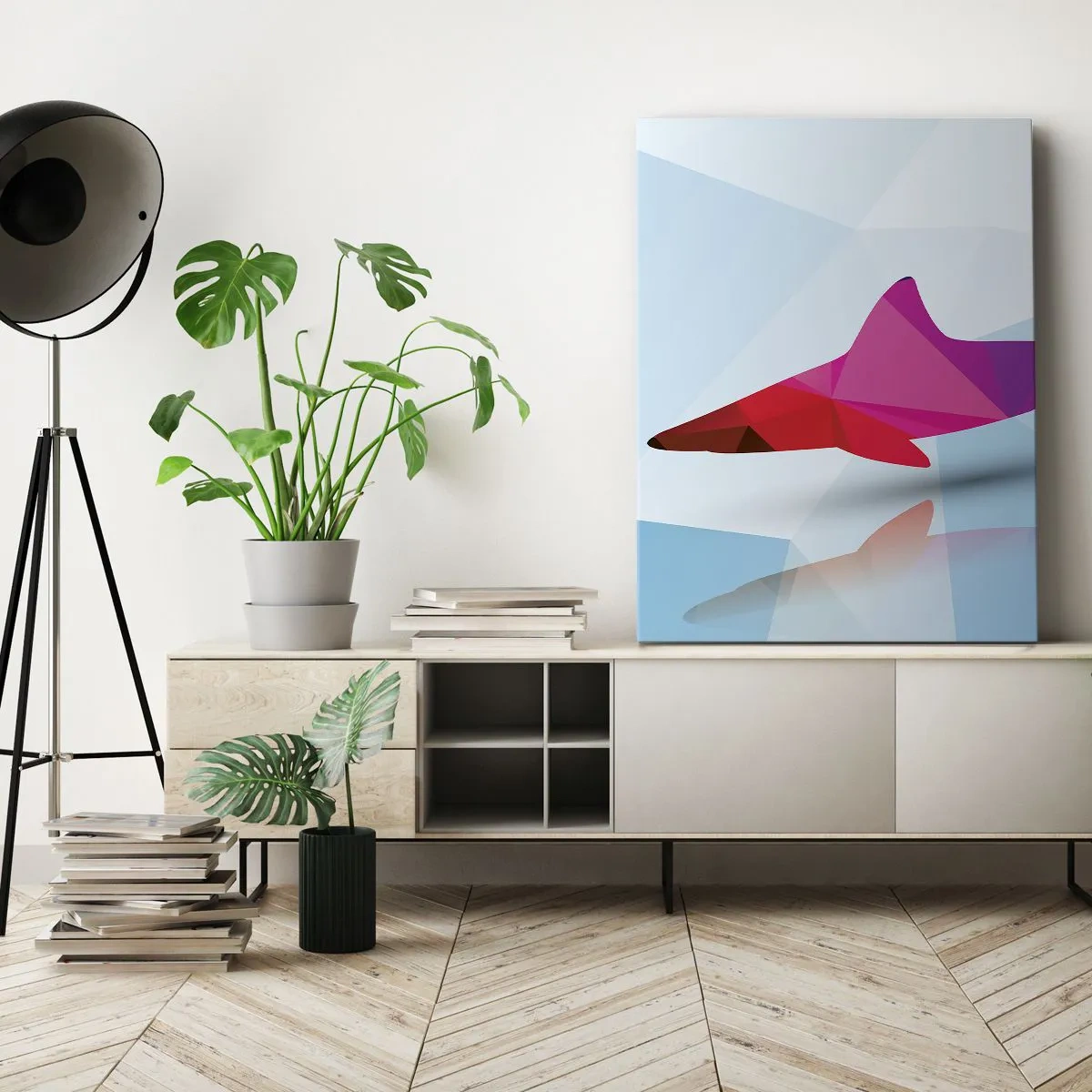Quadro su tela - Stampe su Tela - Sagoma geometrica di squalo nei toni del rosa e del blu - 70x100cm - Squalo nello spazio di cristallo - Decorazione murale moderna per soggiorno e camera da letto ARTTOR