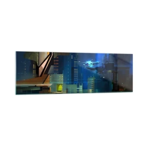 Quadro su vetro - Città futuristica di notte con luci al neon e un veicolo volante - 160x50cm - In un futuro non lontano - Decorazione murale moderna per soggiorno e camera da letto ARTTOR