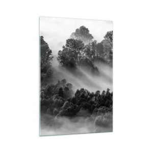 Quadro su vetro - Paesaggio forestale in bianco e nero nella nebbia mattutina - 70x100cm - Risveglio dal sonno - Decorazione murale moderna per soggiorno e camera da letto ARTTOR