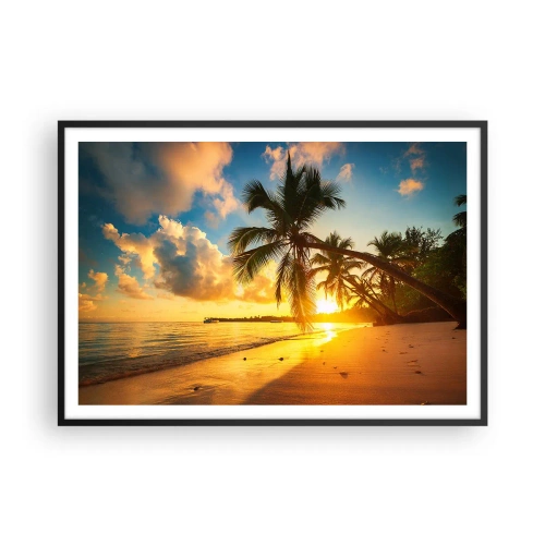 Poster in cornice nera - Spiaggia al tramonto con palme in riva al mare - 100x70cm - Sogno dei Caraibi - Decorazione murale moderna per soggiorno e camera da letto ARTTOR