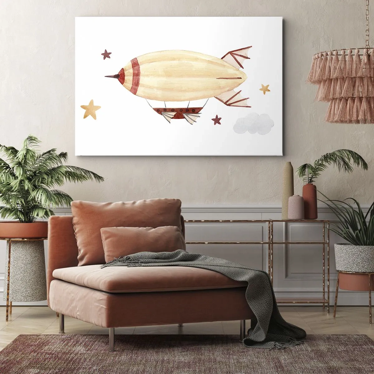 Quadro su tela - Stampe su Tela - Un dirigibile dipinto a mano su uno sfondo di stelle - 70x50cm - Nave volante - Decorazione murale moderna per soggiorno e camera da letto ARTTOR