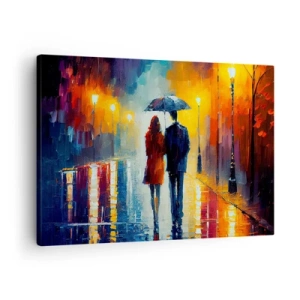 Quadro su tela - Stampe su Tela - Una coppia sotto un ombrello che cammina attraverso una colorata città notturna - 70x50cm - Insieme la notte è colorata - Decorazione murale moderna per soggiorno e camera da letto ARTTOR