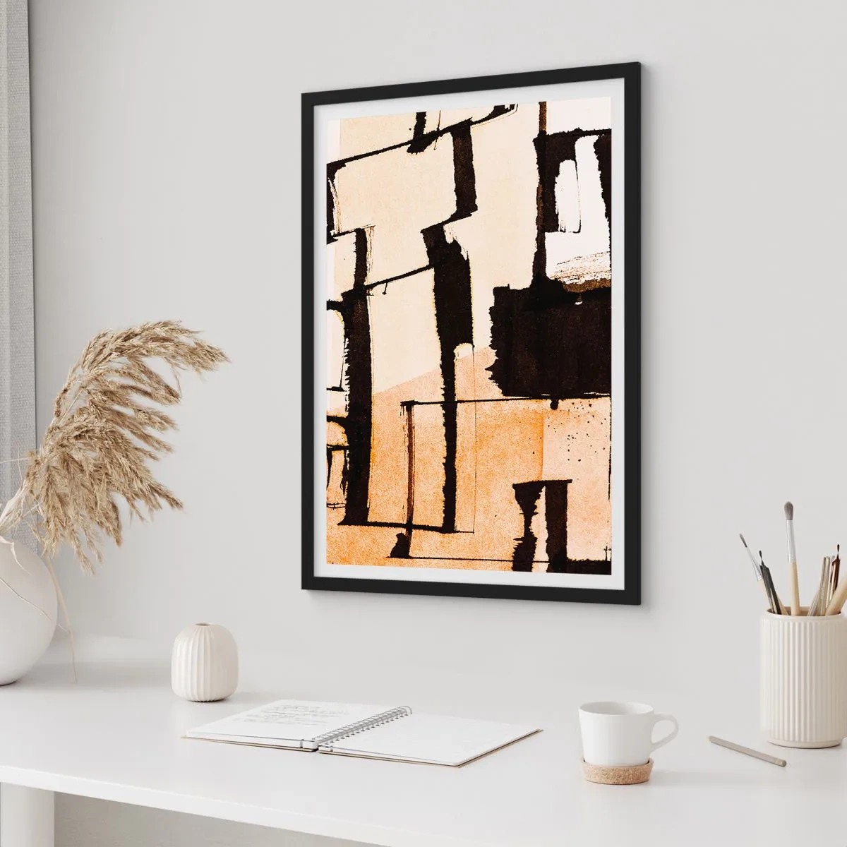 Poster in cornice nera - Una composizione astratta di forme geometriche nelle tonalità del beige e del nero. - 50x70cm - Comunque in ordine - Decorazione murale moderna per soggiorno e camera da letto ARTTOR