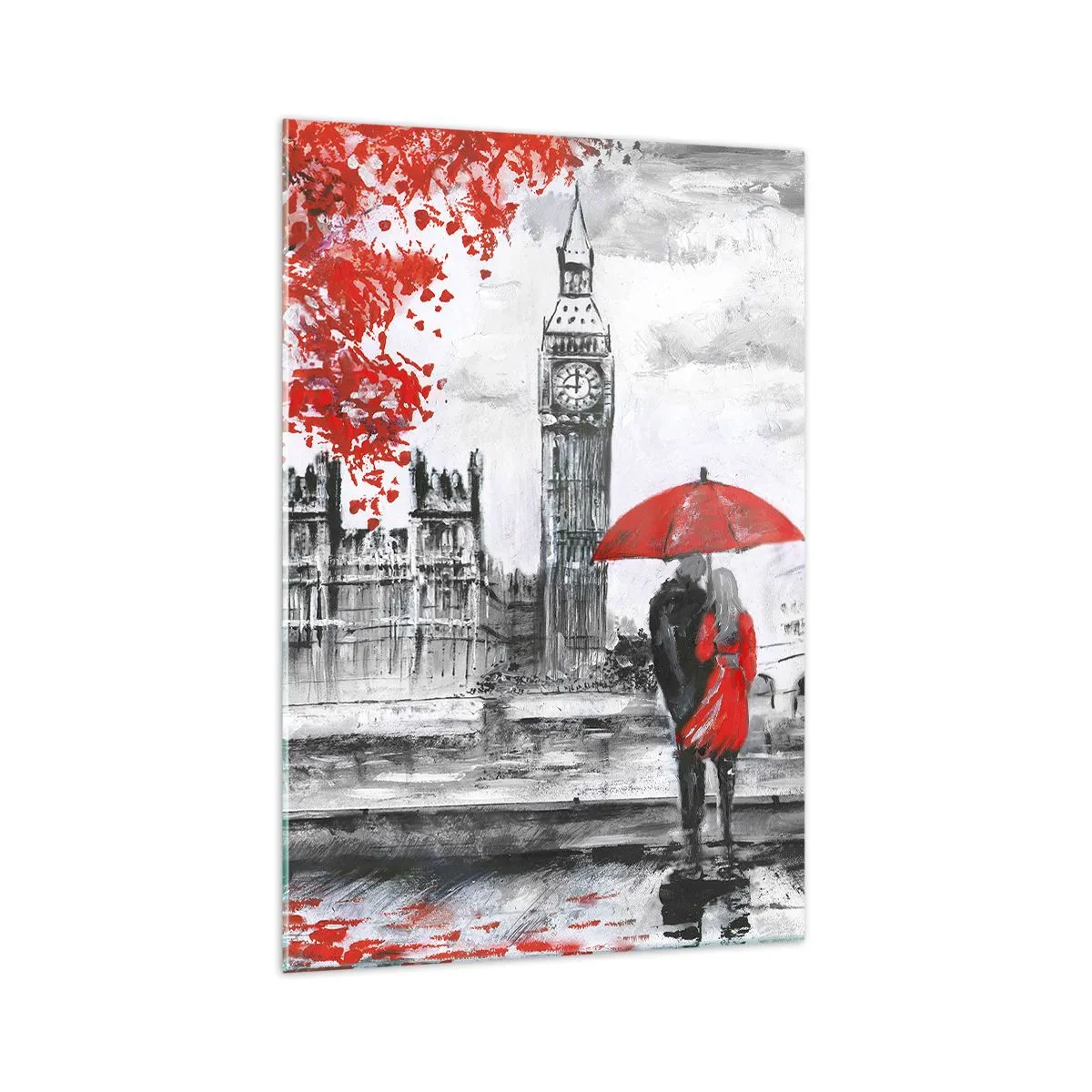 Quadro su vetro - Scena romantica con il Big Ben e un ombrello rosso - 70x100cm - Innamorati a Londra - Decorazione murale moderna per soggiorno e camera da letto ARTTOR