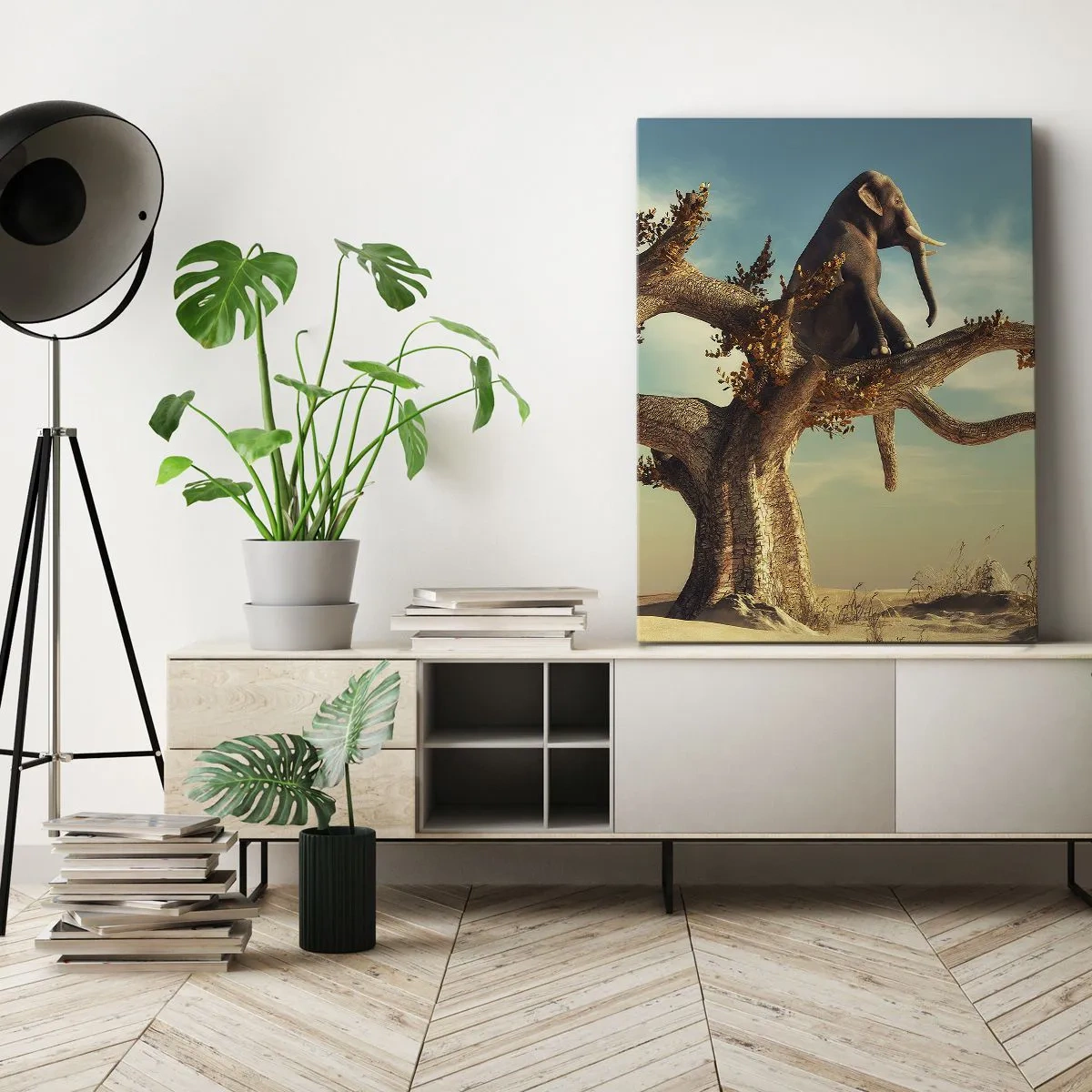 Quadro su tela - Stampe su Tela - Un elefante seduto su un albero in un paesaggio surreale - 50x70cm - Nuovo punto di vista - Decorazione murale moderna per soggiorno e camera da letto ARTTOR