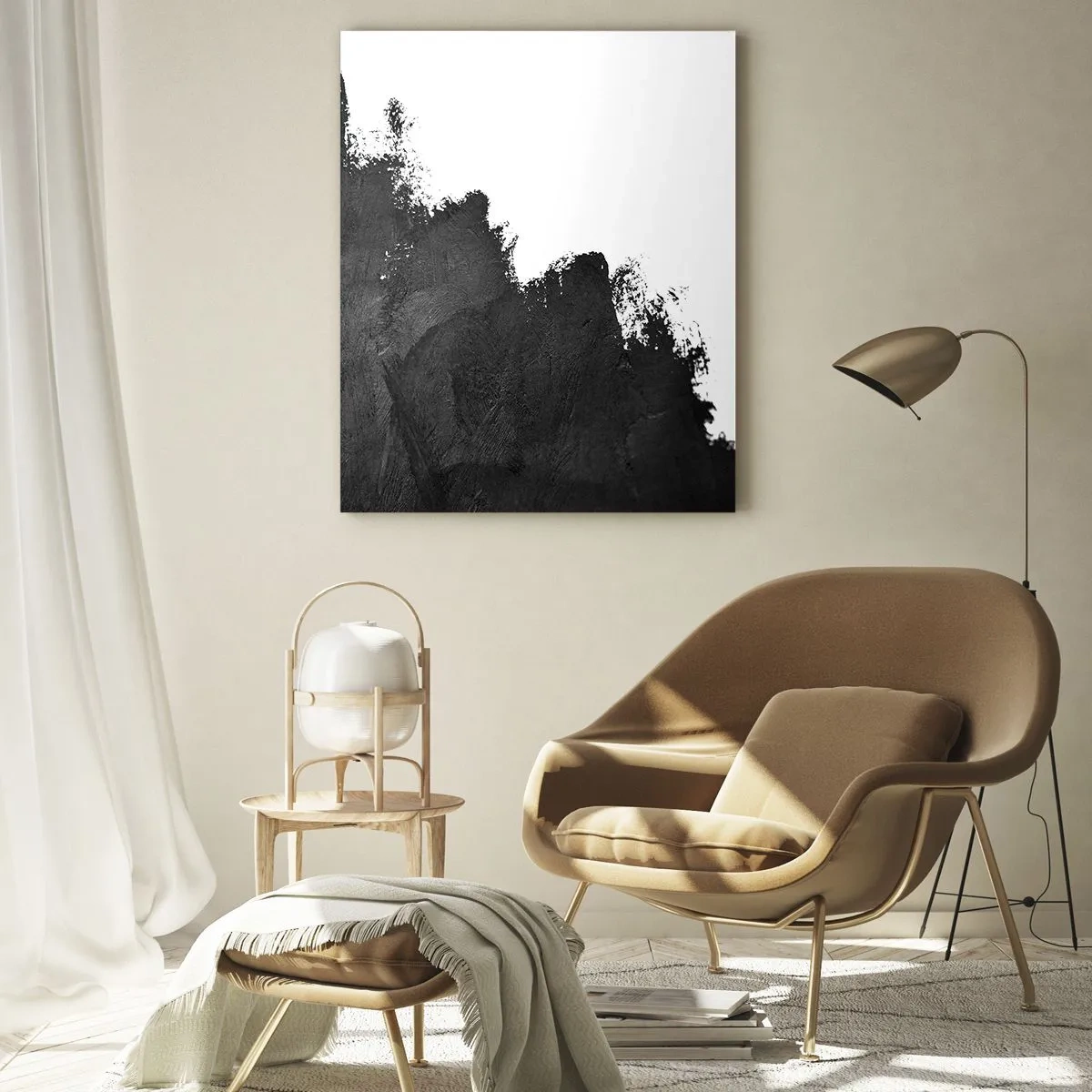 Quadro su vetro - Astrazione in bianco e nero con pennellate contrastanti - 70x100cm - Gli elementi: la terra - Decorazione murale moderna per soggiorno e camera da letto ARTTOR