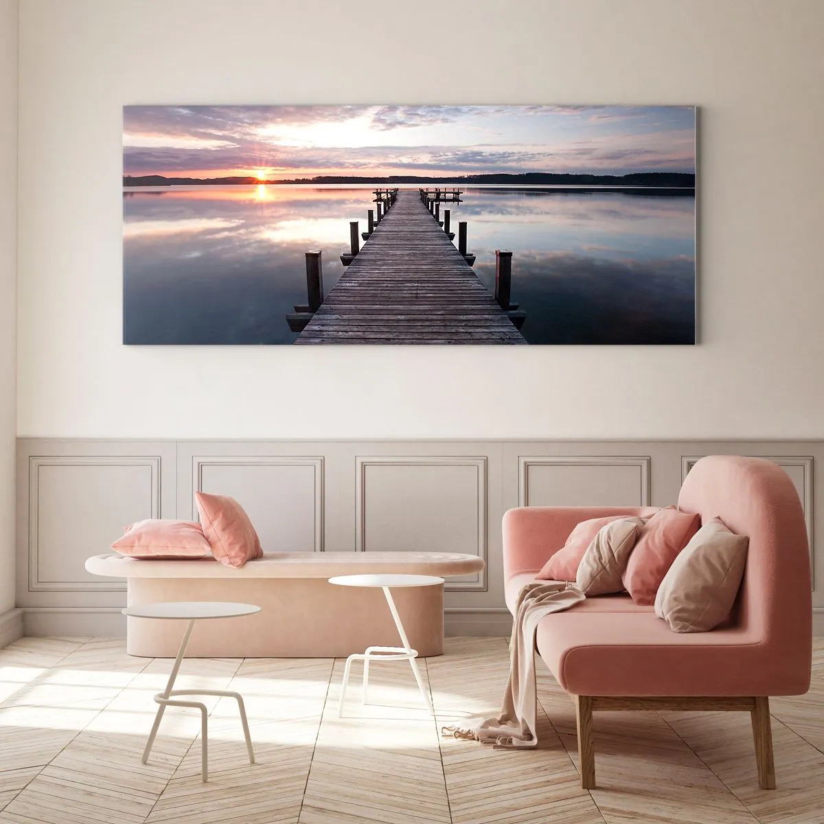 Quadro su vetro - Un molo su un lago al tramonto in un paesaggio tranquillo - 120x50cm - Il silenzioso confine del giorno e della notte - Decorazione murale moderna per soggiorno e camera da letto ARTTOR