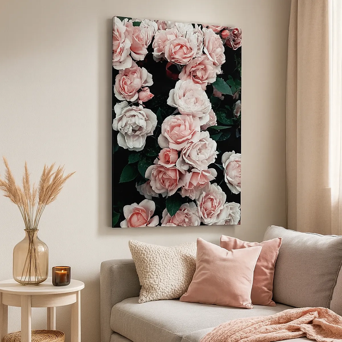 Quadro su tela - Stampe su Tela - Rose rosa su sfondo scuro in una composizione delicata - 50x70cm - Composizione di rose - Decorazione murale moderna per soggiorno e camera da letto ARTTOR