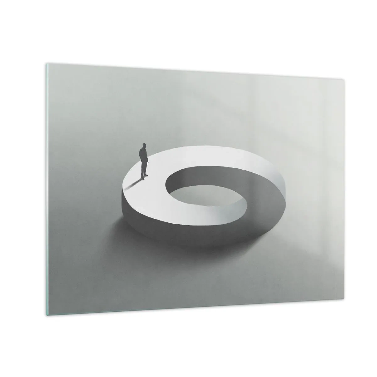 Quadro su vetro - Una silhouette minimalista di un uomo su un anello bianco - 70x50cm - Prova a cavartela - Decorazione murale moderna per soggiorno e camera da letto ARTTOR