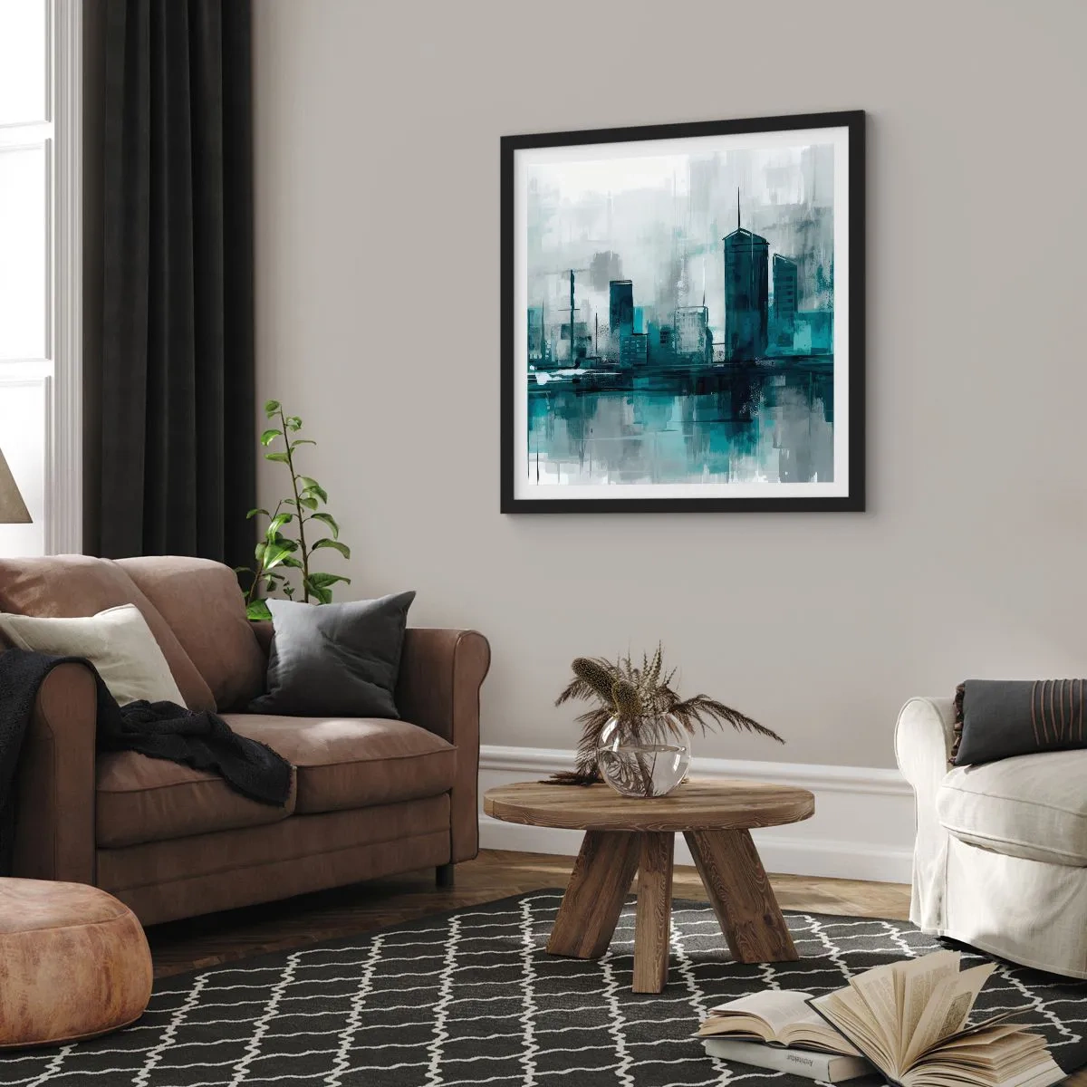 Poster in cornice nera - La città al colore della pioggia - 60x60 cm