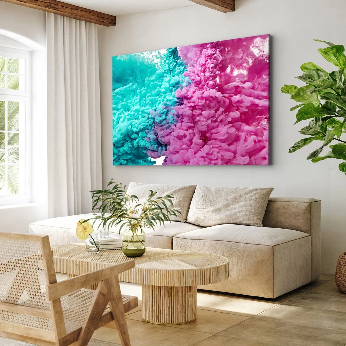 Quadro su tela - Stampe su Tela - Onde colorate di turchese e rosa in una forma astratta - 100x70cm - Scontro decisivo - Decorazione murale moderna per soggiorno e camera da letto ARTTOR