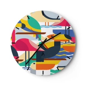 Orologio da parete - Orologio in Vetro - Un motivo colorato con uccelli e forme geometriche - 30x30cm - La festa degli uccelli - Decorazione murale moderna per soggiorno, cucina e camera da letto ARTTOR