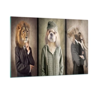 Quadro su vetro - Tre animali in vari stili, dall'elegante al casual - 120x80cm - Preferisco casual - Decorazione murale moderna per soggiorno e camera da letto ARTTOR