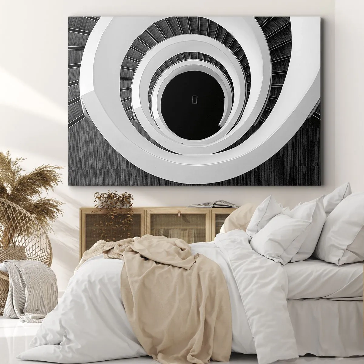 Quadro su tela - Stampe su Tela - Scala a chiocciola bianca e nera in stile moderno - 70x50cm - Verso l'essenza delle cose - Decorazione murale moderna per soggiorno e camera da letto ARTTOR