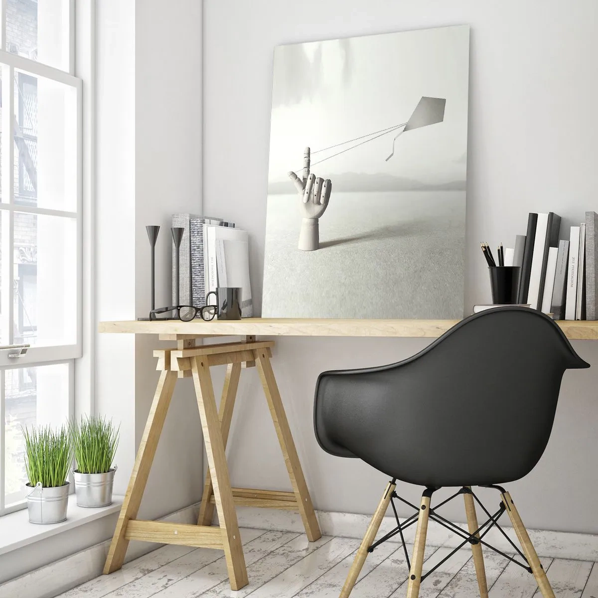 Quadro su vetro - Una mano di legno che tiene un aquilone galleggiante sul suo dito - 50x70cm - Prova di forza - Decorazione murale moderna per soggiorno e camera da letto ARTTOR