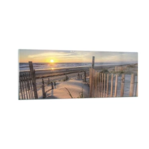 Quadro su vetro - Spiaggia al tramonto con recinzione in legno - 140x50cm - Luci e ombre del vento - Decorazione murale moderna per soggiorno e camera da letto ARTTOR