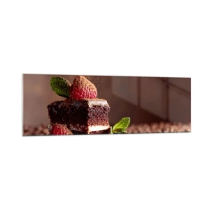 Quadro su vetro - Torta al cioccolato con lamponi e menta su uno sfondo di fave di cacao - 160x50cm - La vita è dolce - Decorazione murale moderna per soggiorno e camera da letto ARTTOR