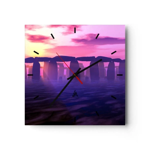 Orologio da parete - Orologio in Vetro - Cerchio di pietre al tramonto con cielo viola - 30x30cm - Mistero in un'alba nebbiosa - Decorazione murale moderna per soggiorno e camera da letto ARTTOR