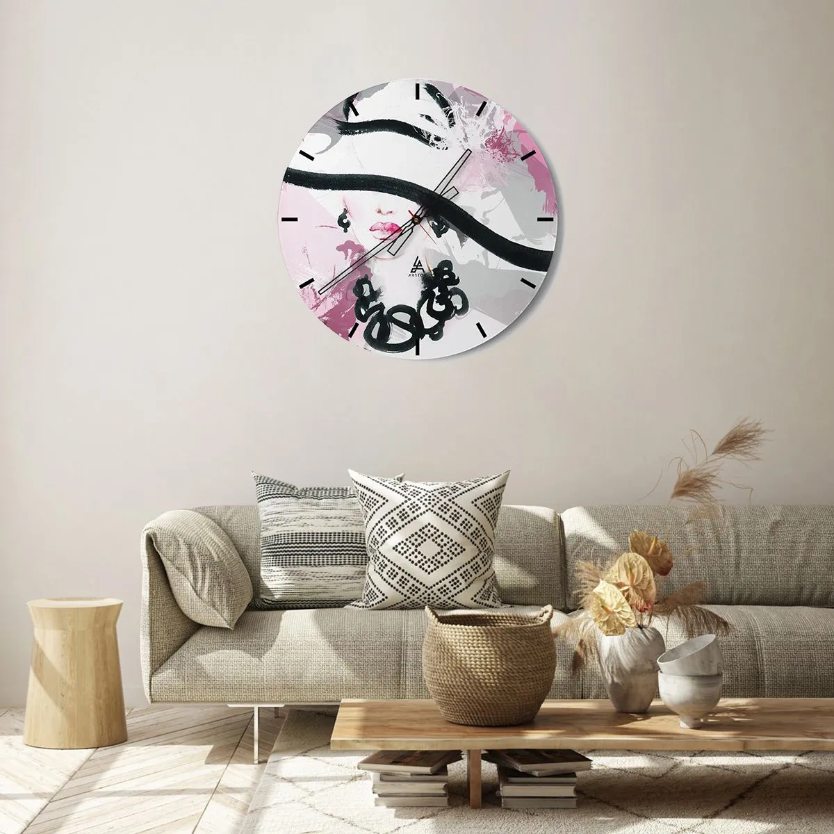 Orologio da parete - Orologio in Vetro - Un elegante ritratto di una donna in stile nero e rosa - 30x30cm - Ritratto di donna in nero e rosa - Decorazione murale moderna per soggiorno, cucina e camera da letto ARTTOR