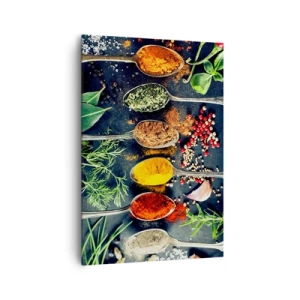 Quadro su tela - Stampe su Tela - Spezie colorate su cucchiai con erbe aromatiche sullo sfondo - 70x100cm - Magie gastronomiche - Decorazione murale moderna per soggiorno e camera da letto ARTTOR