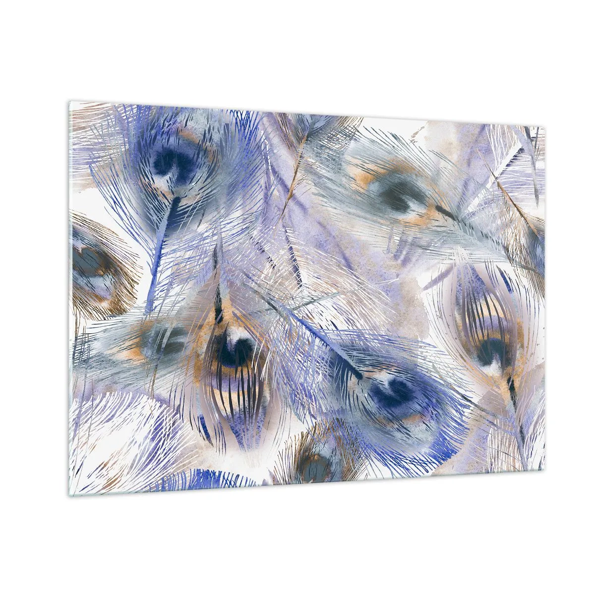Quadro su vetro - Delicate piume di pavone nelle tonalità del blu e del marrone - 100x70cm - Composizione a occhio di pavone - Decorazione murale moderna per soggiorno e camera da letto ARTTOR
