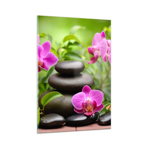 Quadro su vetro - Orchidee rosa e pietre nere in un ambiente tranquillo - 50x70cm - Piramide di pace - Decorazione murale moderna per soggiorno e camera da letto ARTTOR