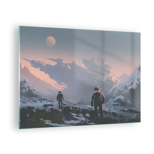 Quadro su vetro - Astronauti su un pianeta alieno con un relitto sullo sfondo - 70x50cm - Sotto una stella sconosciuta - Decorazione murale moderna per soggiorno e camera da letto ARTTOR