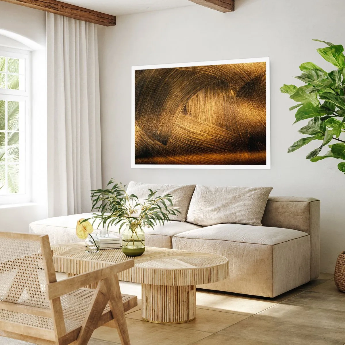 Poster - Pennellate astratte dorate - 100x70cm - Nel labirinto d'oro - Decorazione murale moderna per soggiorno e camera da letto ARTTOR