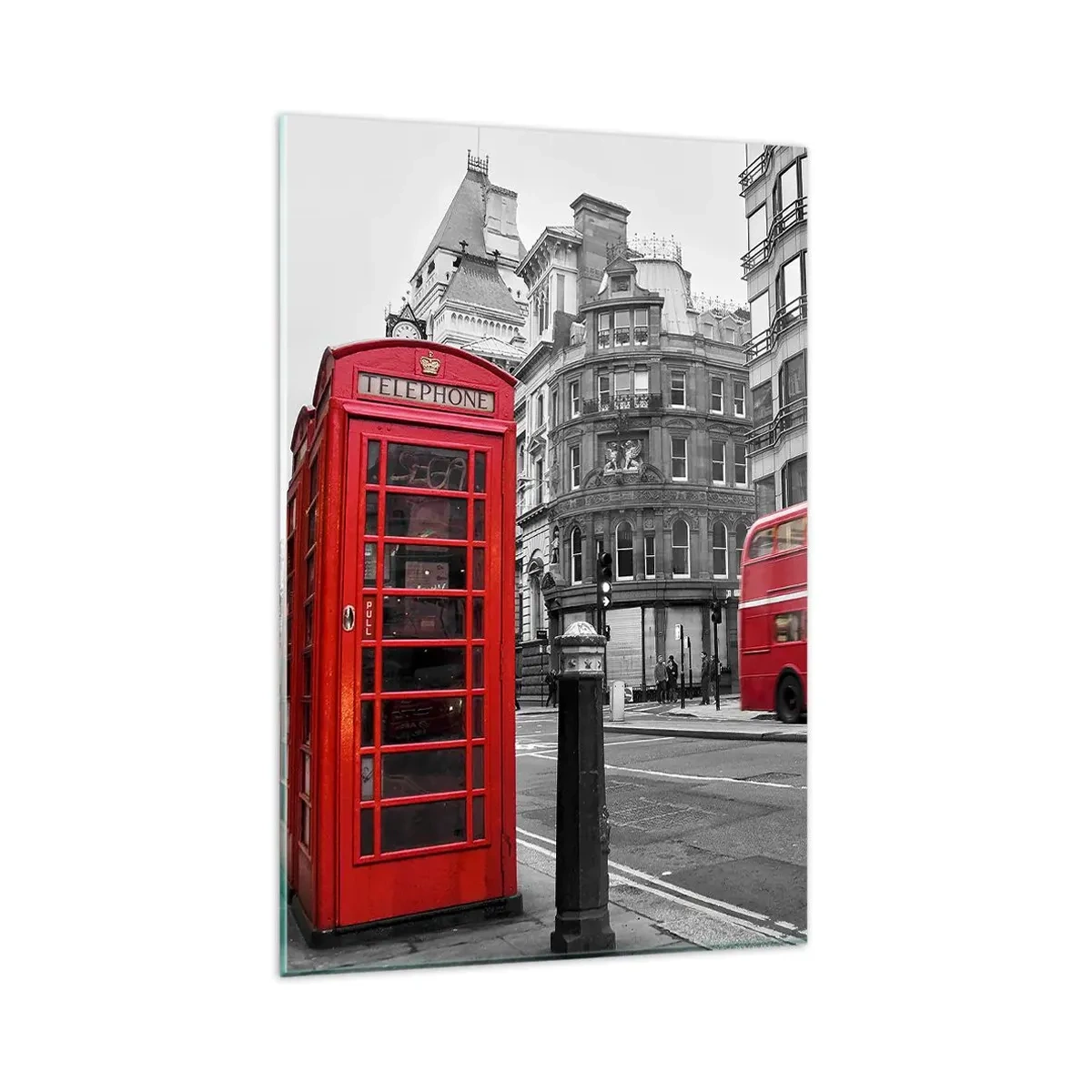 Quadro su vetro - Una cabina telefonica rossa e un autobus a due piani a Londra con la città sullo sfondo - 80x120cm - Il più rosso d'Europa - Decorazione murale moderna per soggiorno e camera da letto ARTTOR