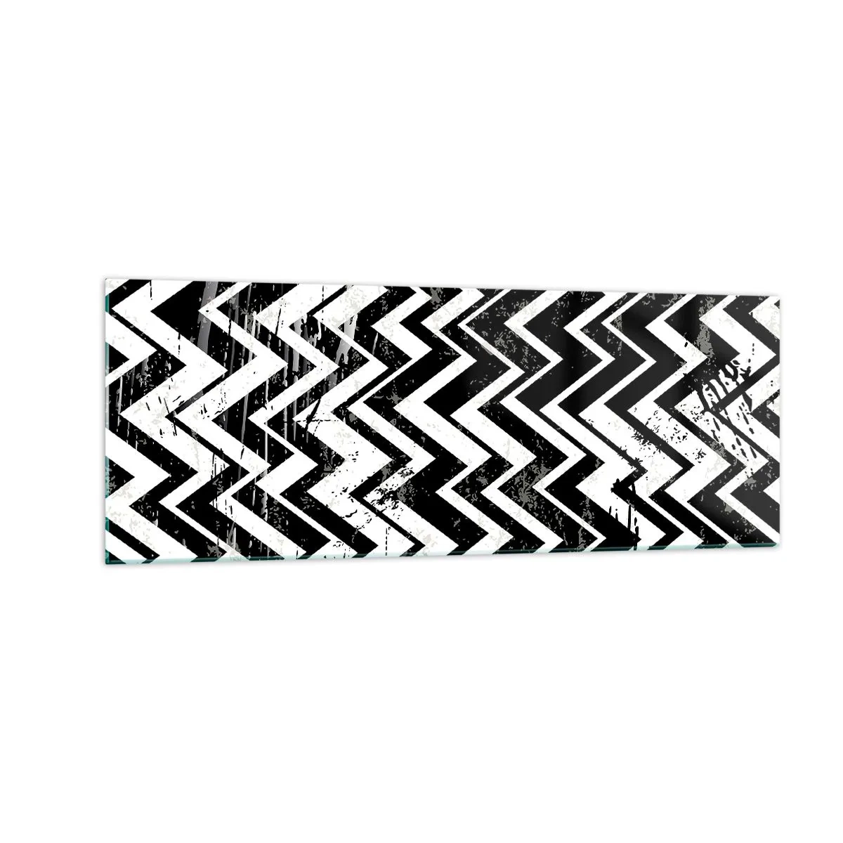 Quadro su vetro - Motivo a zigzag bianco e nero con abrasioni artistiche - 140x50cm - Zig-bianco, zag-nero - Decorazione murale moderna per soggiorno e camera da letto ARTTOR