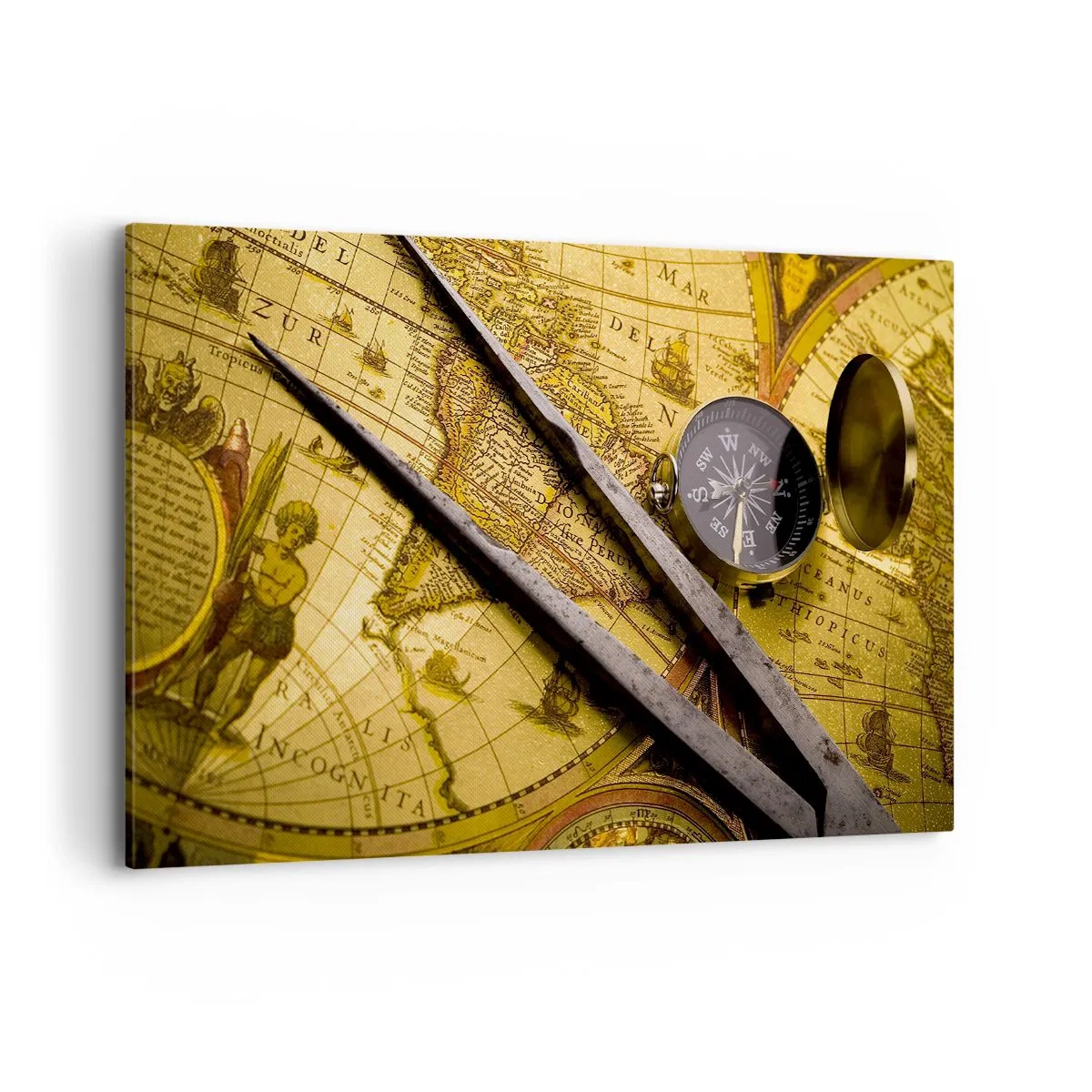 Quadro su tela - Stampe su Tela - Una mappa del mondo antica con una bussola e un paio di bussole sullo sfondo - 120x80cm - Dove sono questi tesori? - Decorazione murale moderna per soggiorno e camera da letto ARTTOR