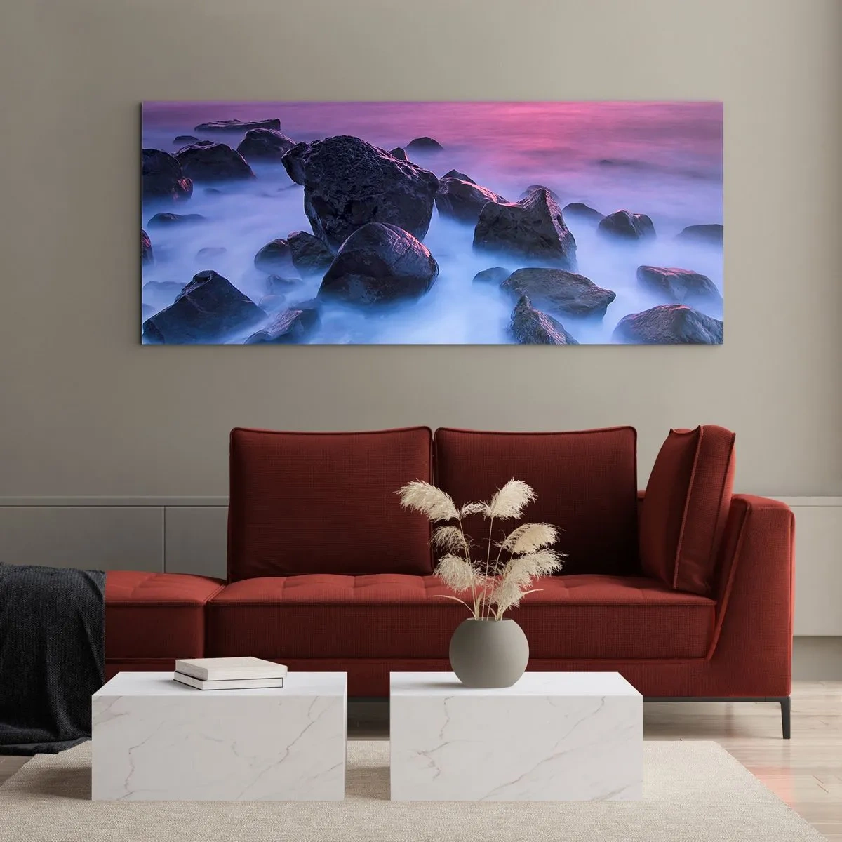 Quadro su vetro - Costa rocciosa al tramonto - 120x50cm - Nascita nella luce e nella nebbia - Decorazione murale moderna per soggiorno e camera da letto ARTTOR