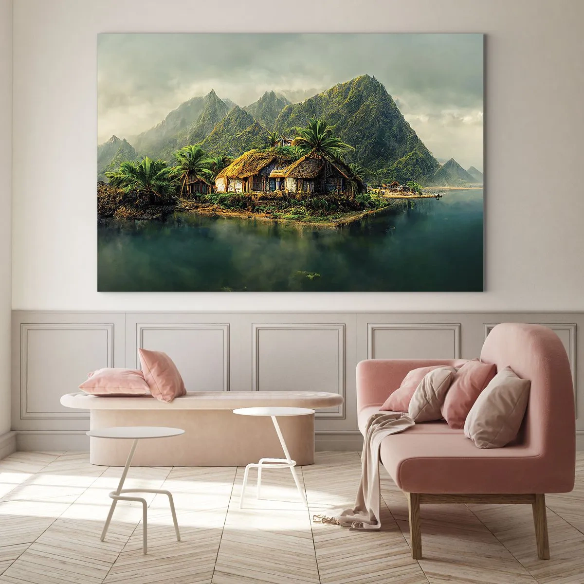 Quadro su vetro - Un villaggio tropicale in riva all'acqua, circondato da montagne e palme - 100x70cm - Paradiso tropicale - Decorazione murale moderna per soggiorno e camera da letto ARTTOR