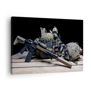Quadro su tela - Stampe su Tela - Attrezzatura tattica con un fucile su un tavolo di legno - 70x50cm - Riposo! - Decorazione murale moderna per soggiorno e camera da letto ARTTOR