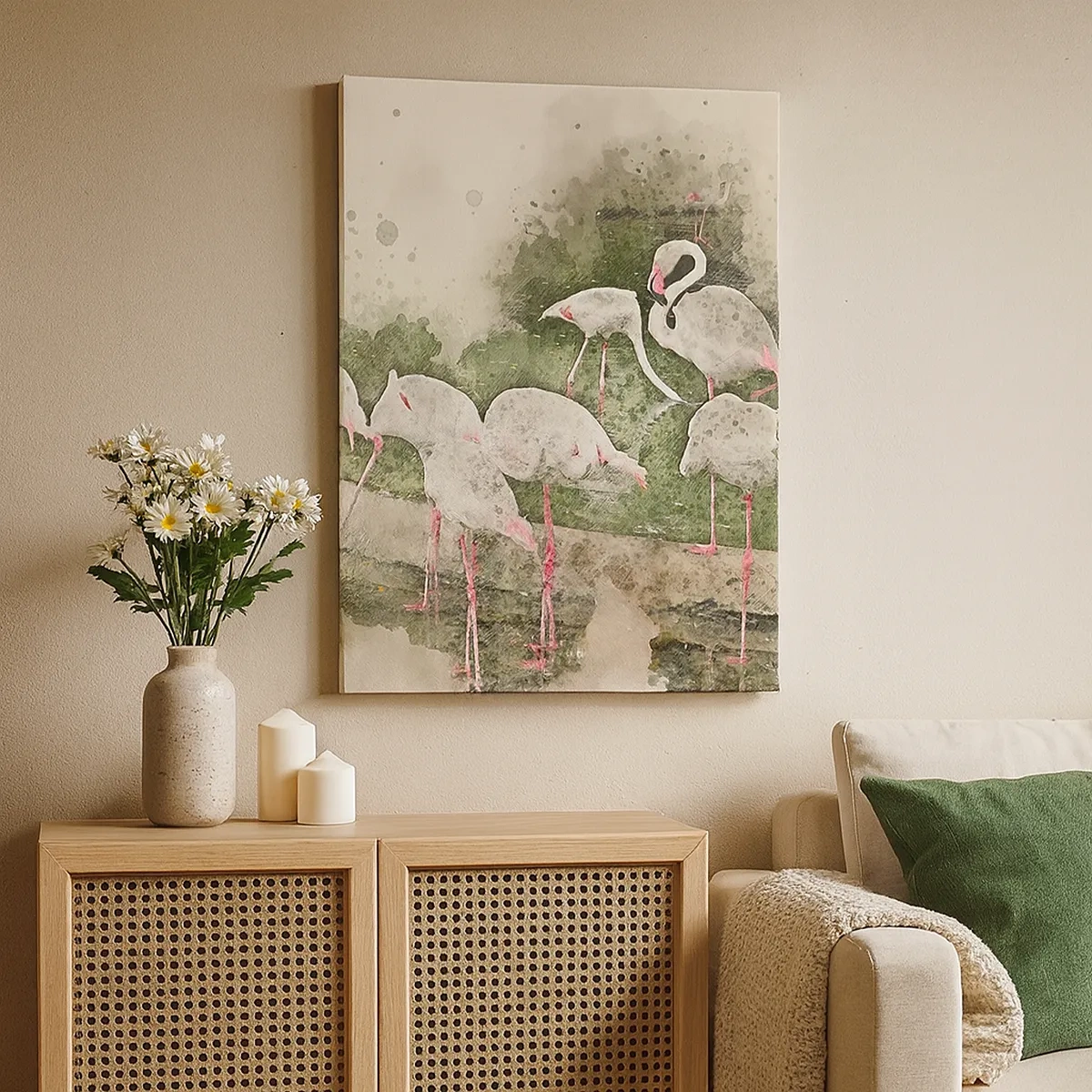 Quadro su tela - Stampe su Tela - Fenicotteri nel loro ambiente naturale in stile acquerello - 50x70cm - Sogno esotico - Decorazione murale moderna per soggiorno e camera da letto ARTTOR