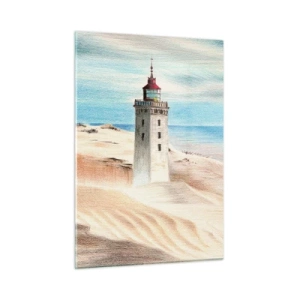 Quadro su vetro - Un faro su una duna del deserto vicino a un mare calmo - 50x70cm - Sempre guardando il mare - Decorazione murale moderna per soggiorno e camera da letto ARTTOR