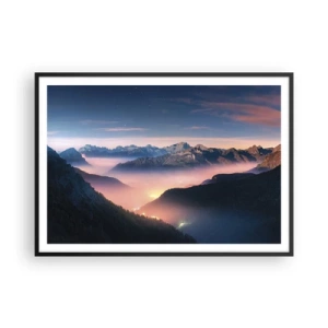 Poster in cornice nera - Un paesaggio montano con una valle piena di nebbia - 100x70cm - La luce nelle valli - Decorazione murale moderna per soggiorno e camera da letto ARTTOR