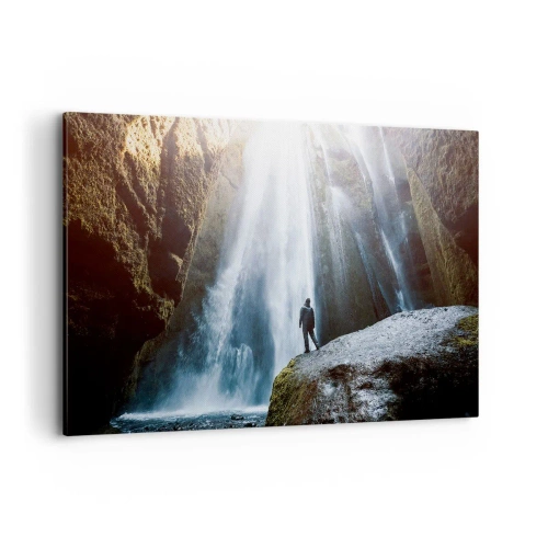 Quadro su tela - Stampe su Tela - Una figura sullo sfondo di una maestosa cascata in una gola rocciosa - 120x80cm - Ripristino delle proporzioni - Decorazione murale moderna per soggiorno e camera da letto ARTTOR