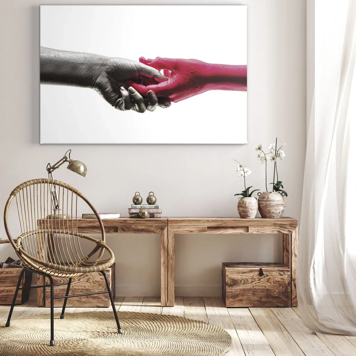 Quadro su tela - Stampe su Tela - Mani simboliche in argento e rosso - 70x50cm - Insieme, sebbene diversi - Decorazione murale moderna per soggiorno e camera da letto ARTTOR