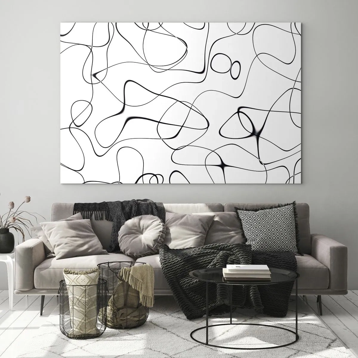 Quadro su vetro - Linee nere astratte su sfondo bianco - 70x50cm - Strade della vita, eventi del destino - Decorazione murale moderna per soggiorno e camera da letto ARTTOR
