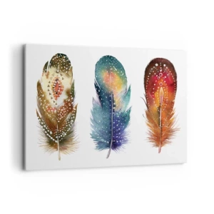 Quadro su tela - Stampe su Tela - Tre piume colorate con motivi artistici su uno sfondo chiaro - 120x80cm - Cerimonie, riti, misteri - Decorazione murale moderna per soggiorno e camera da letto ARTTOR