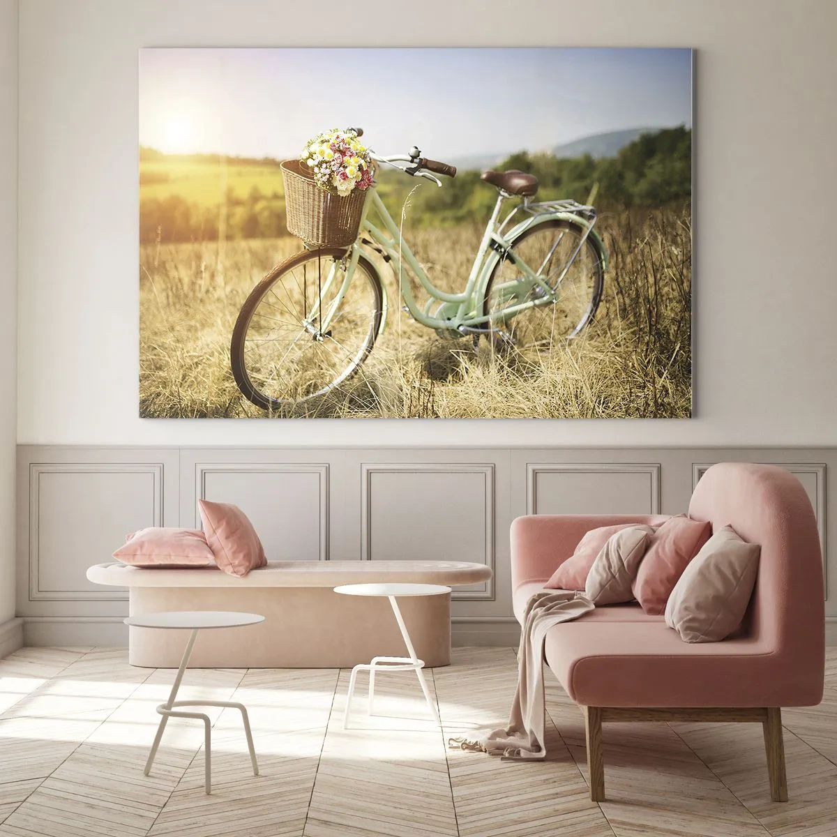 Quadro su vetro - Bicicletta retrò con fiori su sfondo naturale - 100x70cm - Resto qui un attimo - Decorazione murale moderna per soggiorno e camera da letto ARTTOR