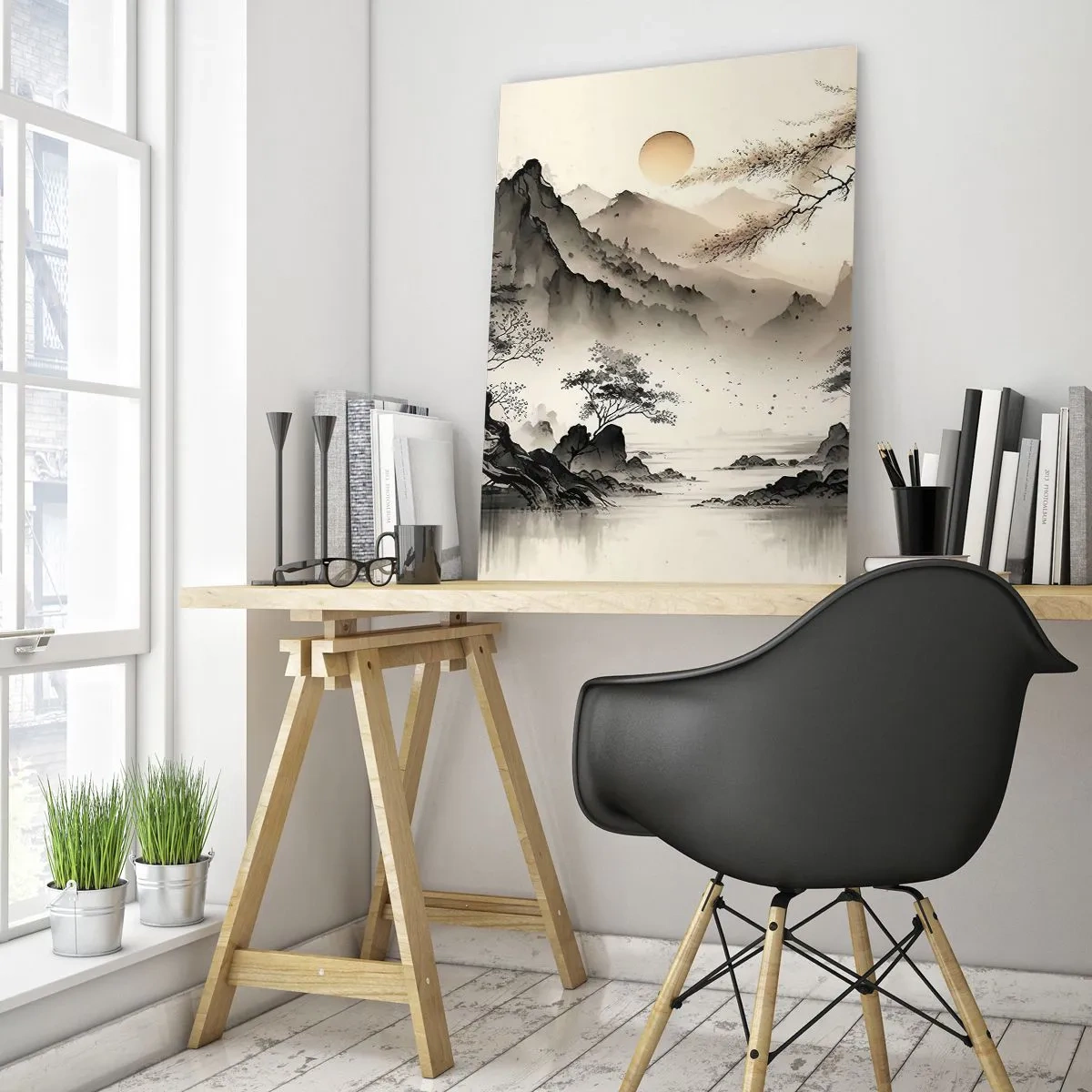 Quadro su vetro - Paesaggio montano orientale con pagoda e alberi - 50x70cm - Il fascino irripetibile dell'oriente - Decorazione murale moderna per soggiorno e camera da letto ARTTOR